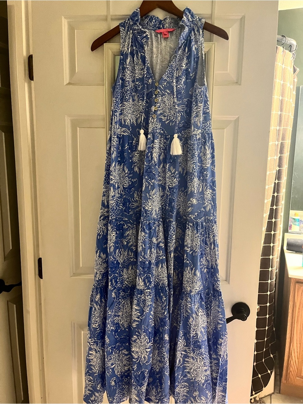 Lilly Pulitzer Blue and White Floral Tassel Maxi Dress